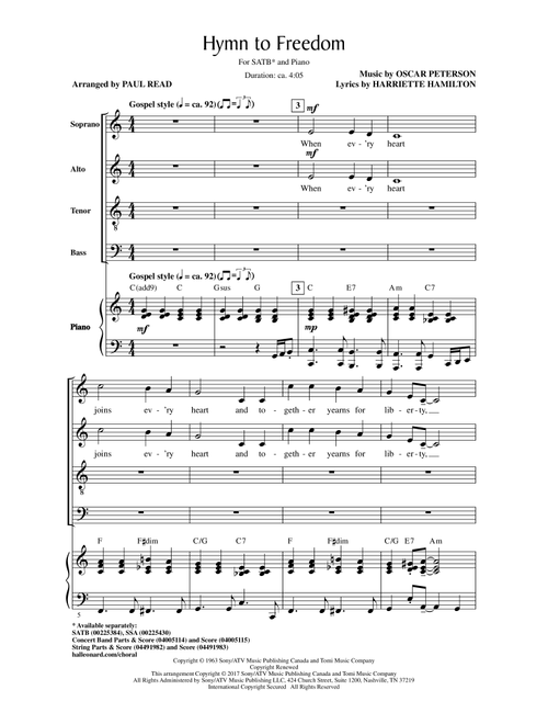 Hymn To Freedom (arr. Paul Read) - Oscar Peterson, Harriette Hamilton (Choral, SATB)