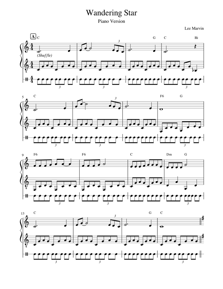 Wandering Star EasyPiano Sheet Music with Chords for Snare drum