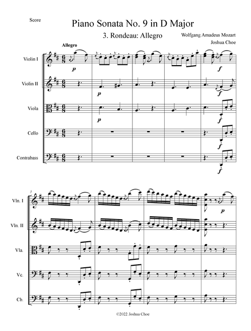 Piano Sonata No. 9 in D Major, Movement 3 (Arr. Joshua Choe) - Wolfgang Amadeus Mozart (Orchestra)