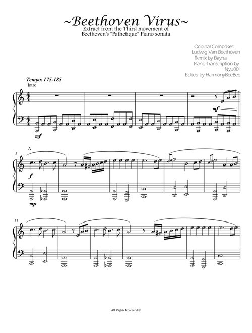 Beethoven Virus Piano Sheet Music with note names (Arr. Bayna) (Easy Piano)