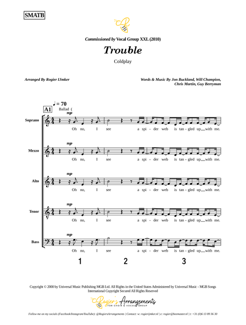 Trouble (Arr. Rogier Ijmker) - Coldplay (Choral, 5-Part)