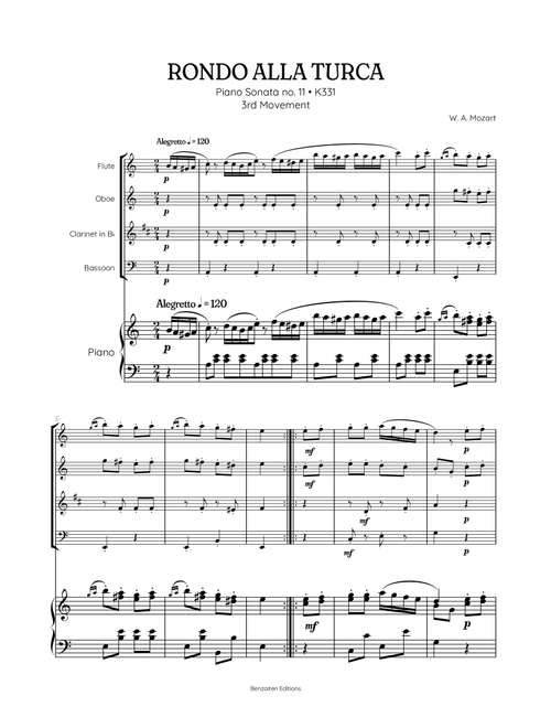 Rondo Alla Turca (Turkish March) | Woodwind Quartet sheet music with piano accompaniment (Arr. Benzaiten Editions) - Wolfgang Amadeus Mozart (Woodwind Ensemble)