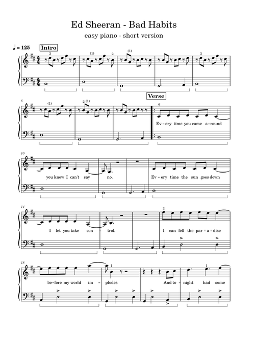 Ed Sheeran - Bad Habits - Easy piano