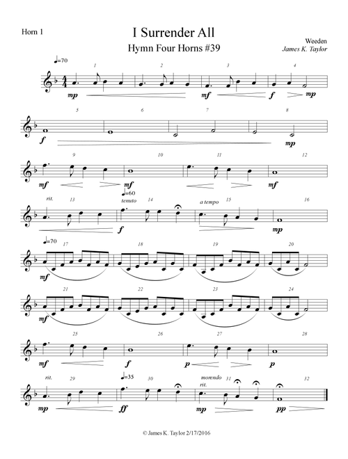 I Surrender All (Hymn Four Horns #39) (Arr. James K. Taylor) - Weeden (Brass Ensemble)