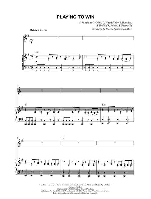 Playing To Win (Arr. Stacey-Louise Camilleri) - John Farnham (Piano Vocal)
