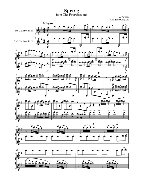 A.Vivaldi: Four seasons for two clarinets (Arr. Saho Omukai) (Clarinet Solo)