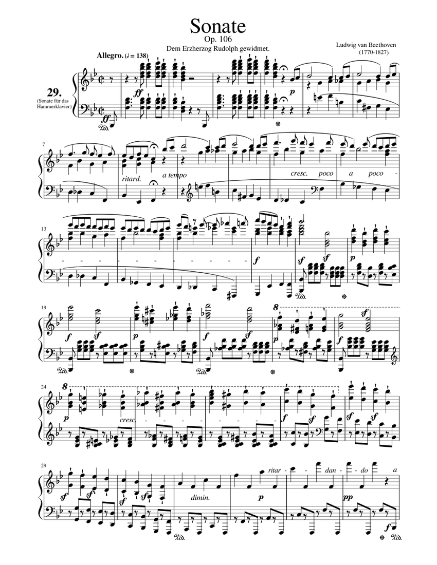 The Complete Beethoven Sonata No. 29 – Op. 106 “Hammerklavier” Sheet music  for Piano (Solo) | Musescore.com