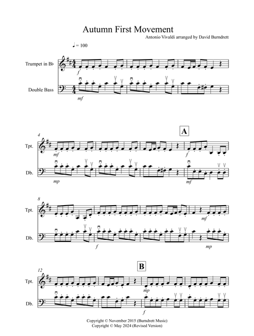 Autumn "Four Seasons" for Trumpet and Double Bass Duet (Arr. David Burndrett) - Antonio Vivaldi (Instrumental Duet)
