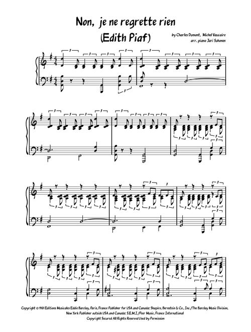 Non, Je Ne Regrette Rien (Arr. Jari Suhonen) - Piaf Edith (Piano Solo)