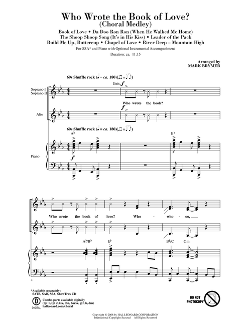 Who Wrote The Book Of Love? (Arr. Mark Brymer) - Warren Davis, George Malone, Charles Patrick (Choral, SSA)