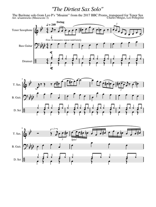Leo P's "BBC Proms 2017 Moanin' Solo" but it's transcribed for Tenor Sax, as well as a rhythm sect.