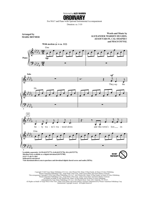 Ordinary (arr. Mark Brymer) - Alex Warren (Choral, SSA)