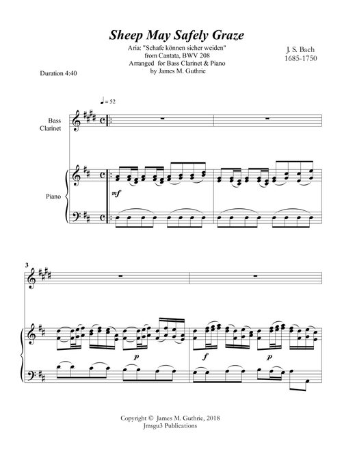 Bach: Sheep May Safely Graze for Bass Clarinet & Piano (Arr. James M. Guthrie, ASCAP) - J. S. Bach (Clarinet and Piano)