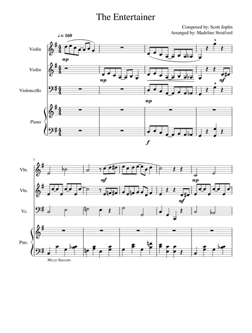 The Entertainer - (2x Violin) Cello and Piano Ensemble
