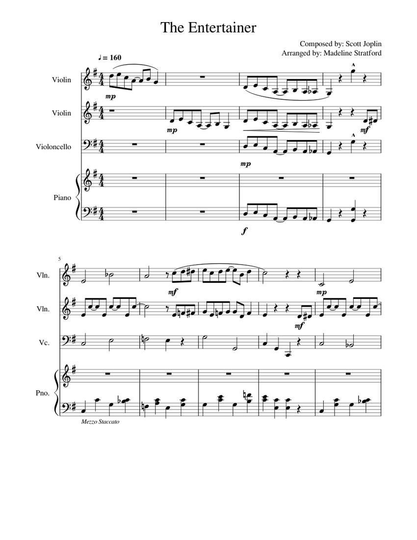 The Entertainer 2x Violin Cello and Piano Ensemble Sheet music for Piano Violin Cello Mixed Quartet Musescore