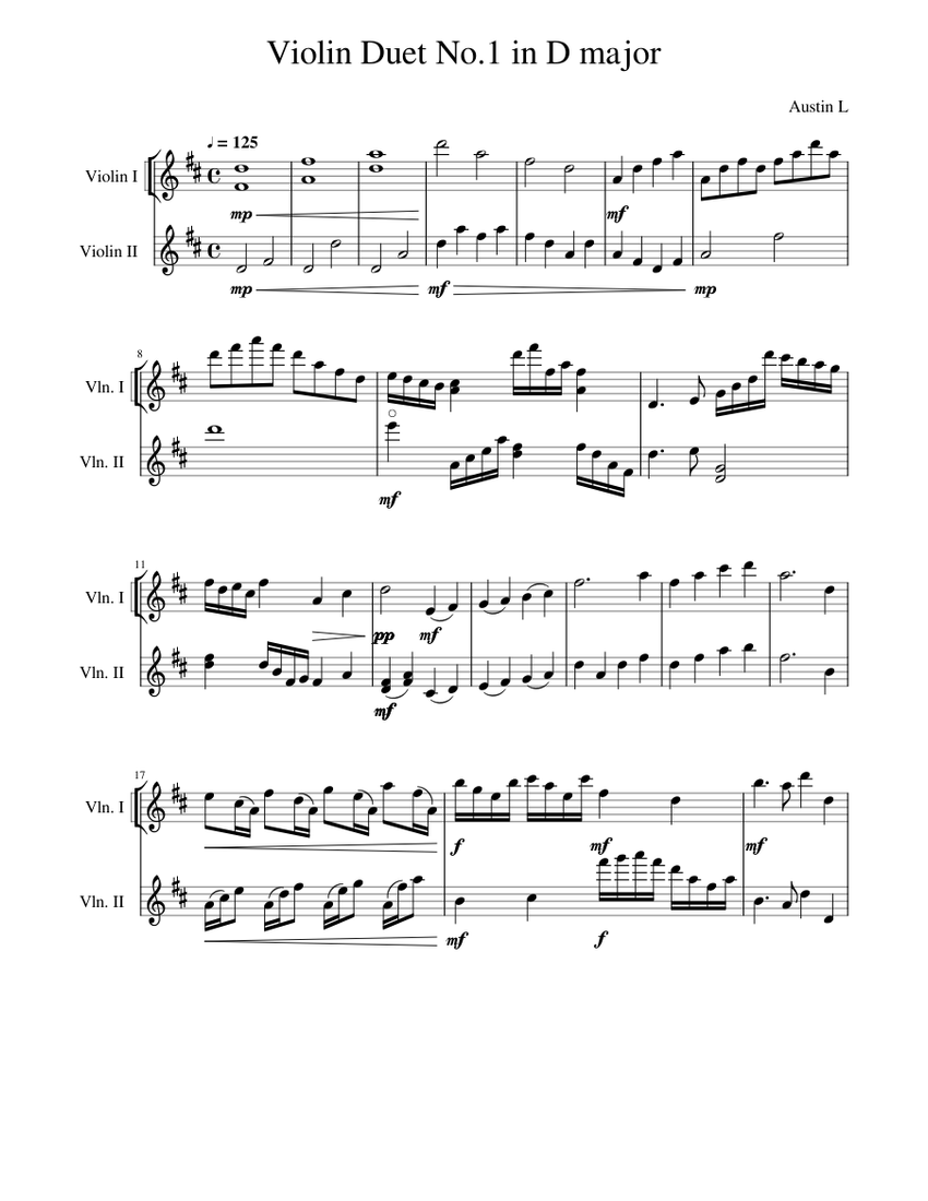 Violin Duet No.1 in D Major Sheet Music for Violin (String Duet ...