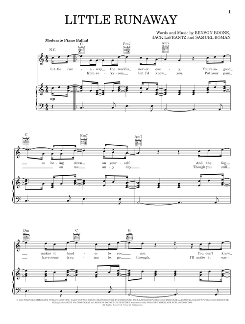 Little Runaway - Benson Boone (Piano-Vocal-Guitar)