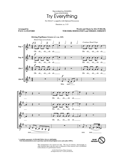 Try Everything (arr. Paul Langford) - Shakira (Choral, SSAA)
