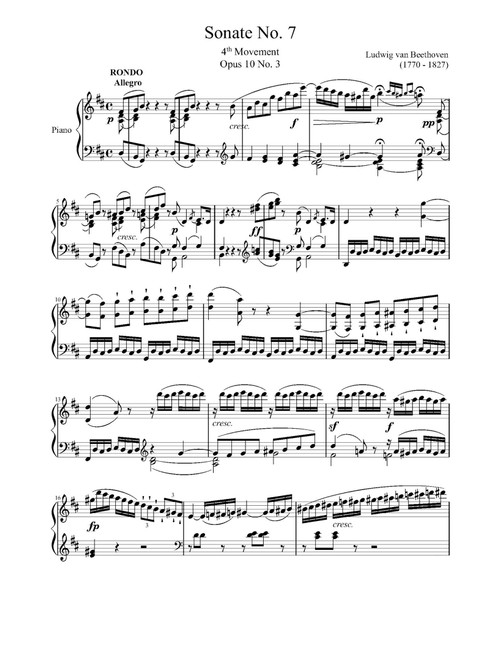 Piano Sonata No.7 , Op.10 No.3 - Movement 4 (Arr. Ludwig Van Beethoven) (Piano Solo)