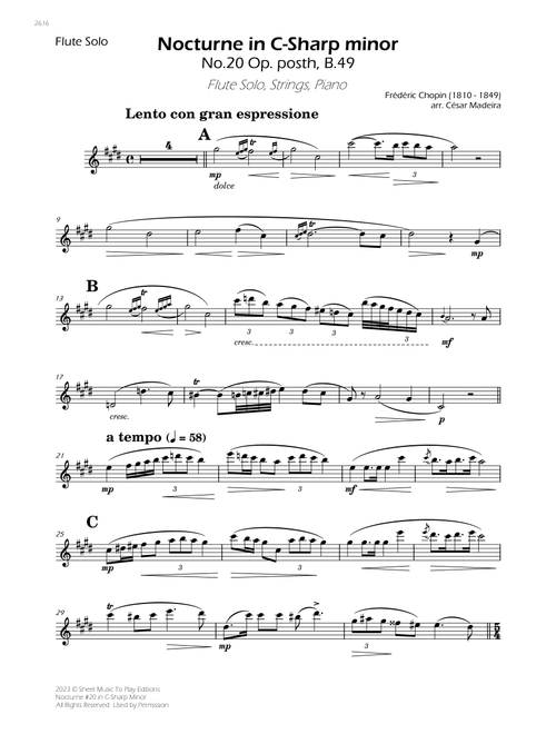 Nocturne No.20 in C Sharp minor - Flute Solo, Strings and Piano (Individual Parts) (Arr. César Madeira) - Frederic Chopin (Large Ensemble)
