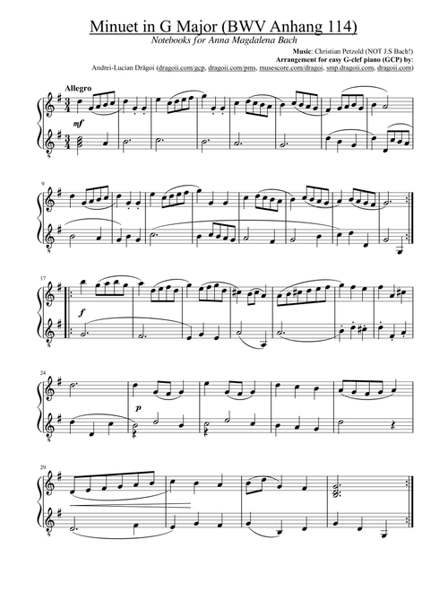 Petzold (NOT Bach!) - Minuet in G Major (BWV Anhang 114) - G-clef piano/harp (GCP/GCH) arrangement (Arr. Dragoi Andrei Lucian) - Christian Petzold (Easy Piano)