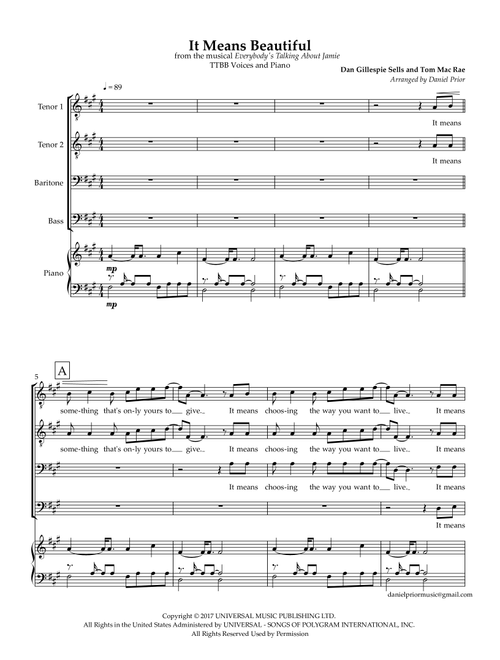It Means Beautiful (Arr. Daniel Prior) - Dan Gillespie Sells (Choral, TTBB)