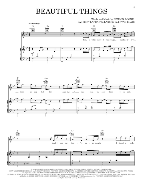 Beautiful Things - Benson Boone (Piano-Vocal-Guitar)