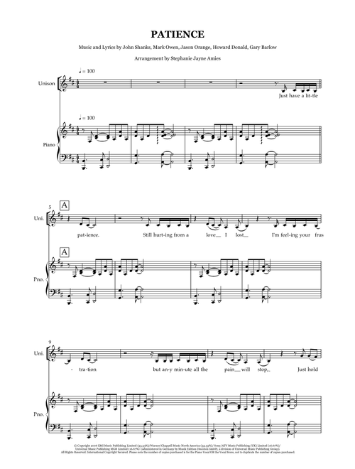 Patience (Arr. Stephanie Jayne Amies) - Take That (Choral, SSA)