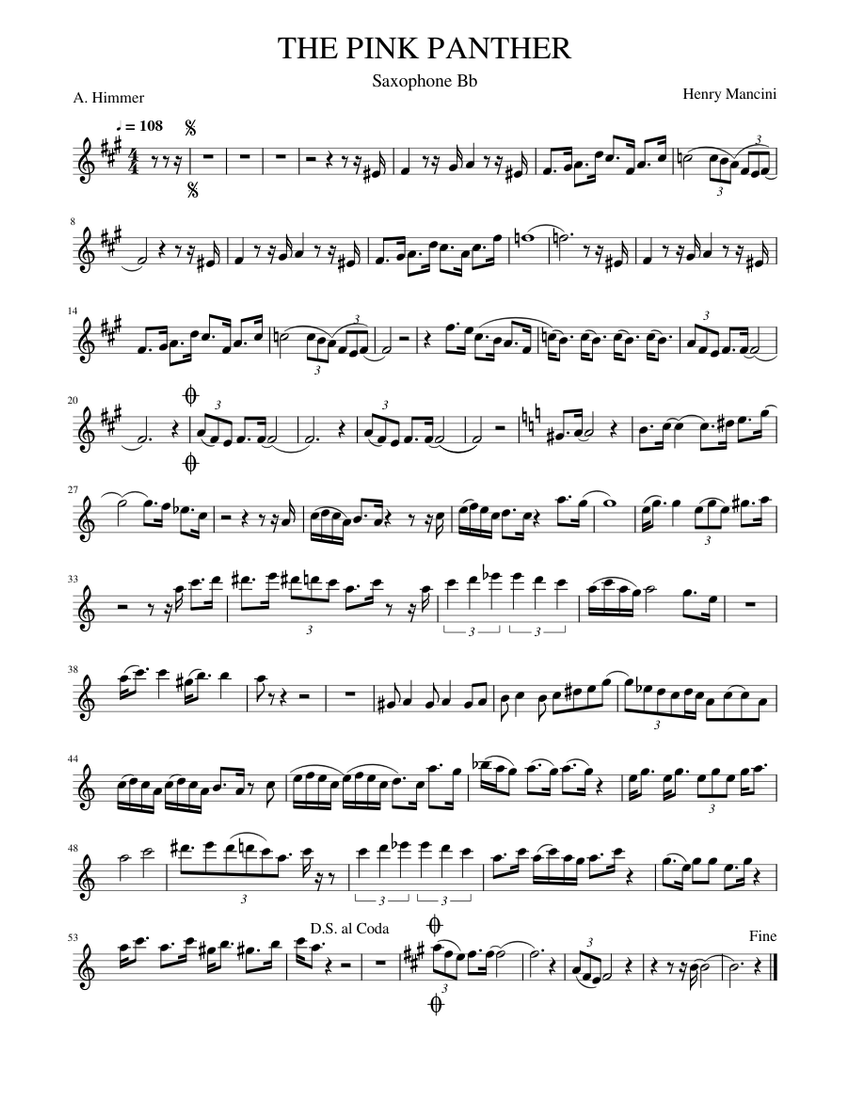 THE PINK PANTHER impravization Sheet Music for Saxophone tenor