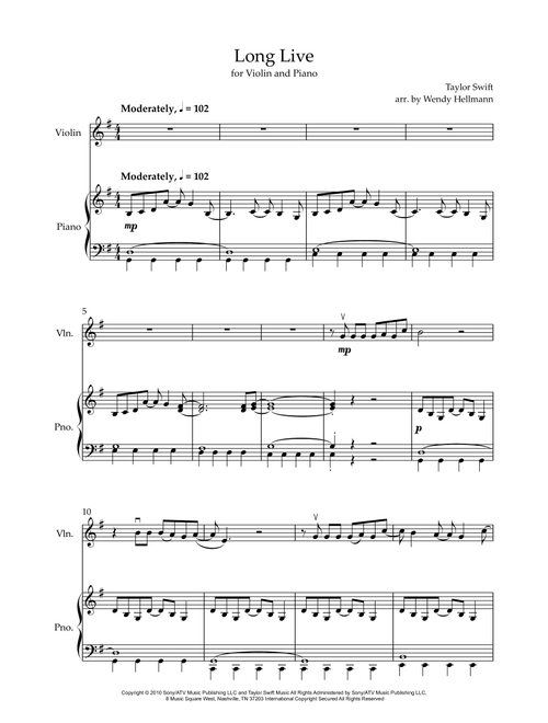 Long Live (Arr. Wendy Hellmann) - Taylor Swift (Violin and Piano)