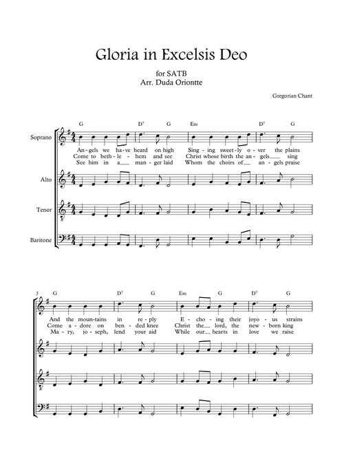 Gloria in excelsis Deo (G major - with chords - no piano - 4 staff) (Arr. Duda Oriontte) - Gregorian Chant (Choral, SATB)