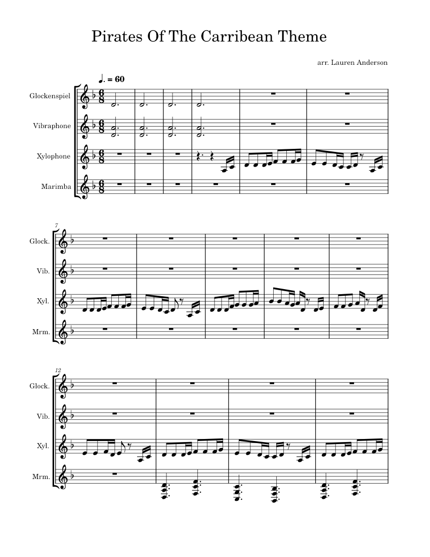 Pirates of the Caribbean theme Misc. Soundtrack Sheet music for Vibraphone Glockenspiel Marimba Xylophone Percussion Quartet Musescore