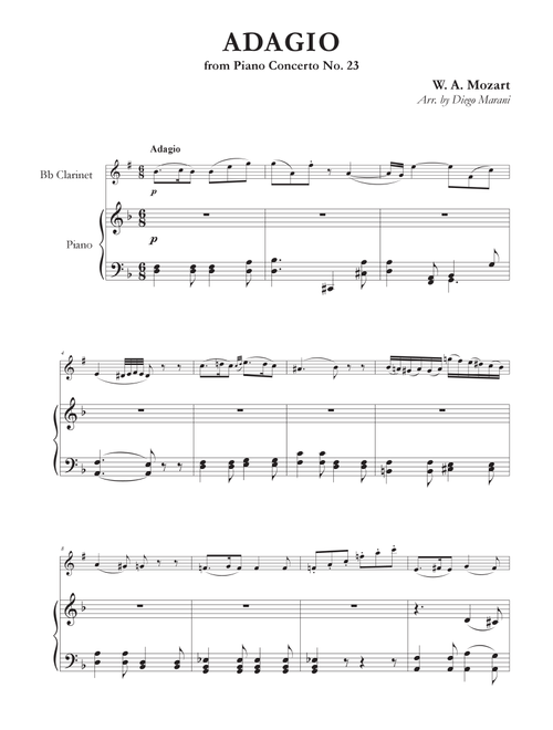 Adagio from Piano Concerto No. 23 for Clarinet and Piano (Arr. Diego Marani) - Wolfgang Amadeus Mozart (Clarinet and Piano)