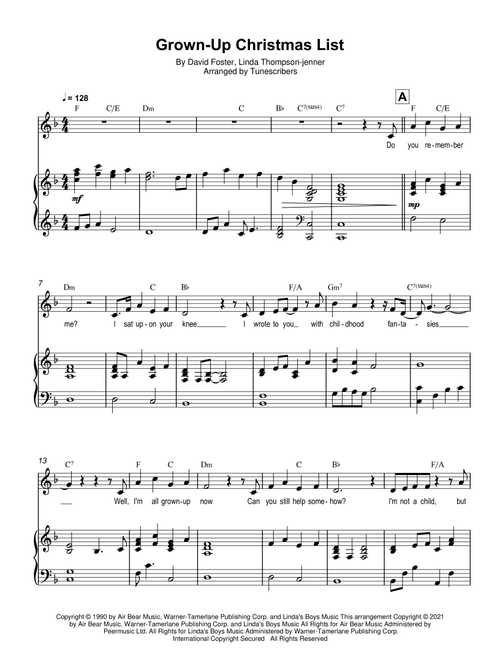 Grown-Up Christmas List (Arr. Tunescribers) - David Foster, Linda Thompson-Jenner (Piano Vocal)