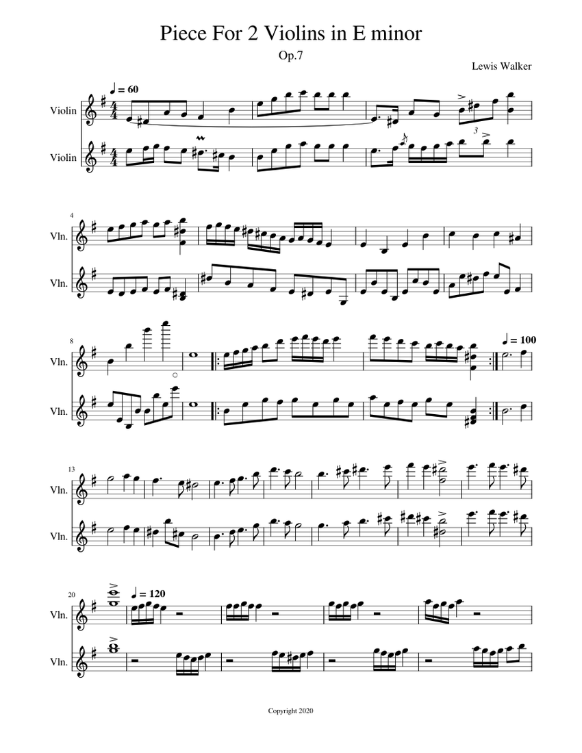 Piece For 2 Violins in E minor Sheet Music for Violin (String Duet ...