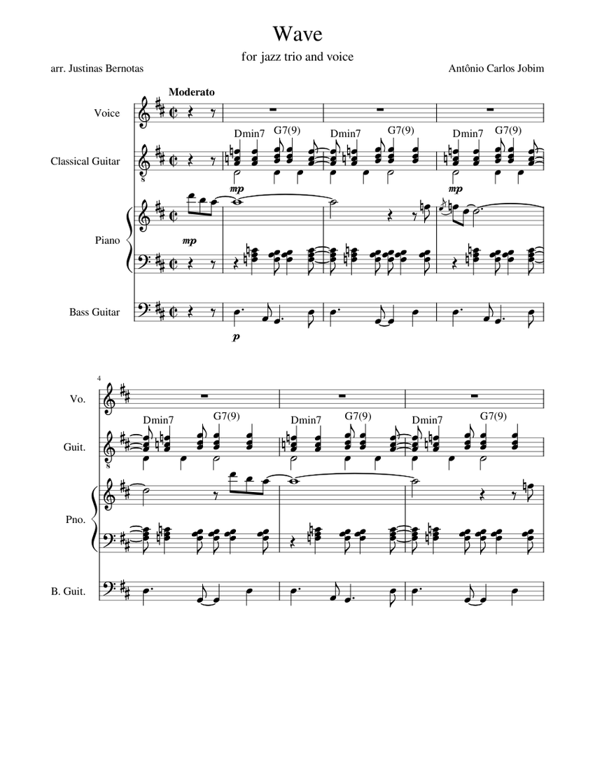 Wave, Tom Jobim (original arrangement) Sheet music for Piano, Vocals, Guitar,  Bass guitar (Mixed Ensemble) | Musescore.com
