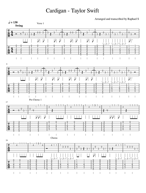 Cardigan – Taylor Swift (Tab only)