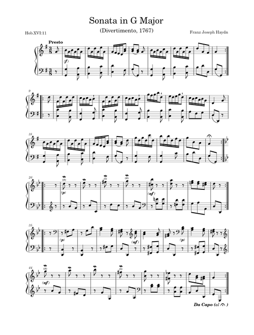 Sonata (Divertimento) In G Major, Hob.XVI:11 – Joseph Haydn