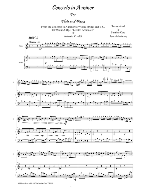 Vivaldi concerto in A minor RV356 n.6 op.3 for flute and piano (Arr. Santino Cara) - Vivaldi Antonio (Flute and Piano)