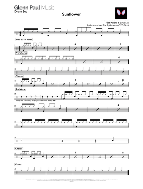 Sunflower (Arr. Glenn Paul) - Post Malone & Swae Lee (Drums)
