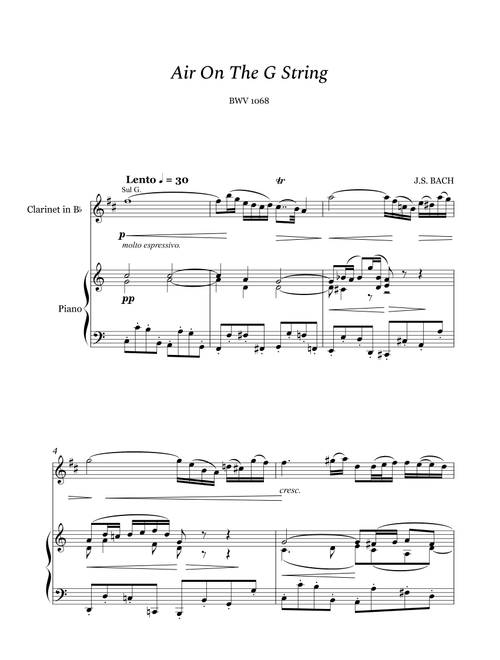 Bach - Air on the G String for Clarinet in Bb and Piano (Arr. Cássio Silva Chaves) - Johann Sebastian Bach (Small Ensemble)