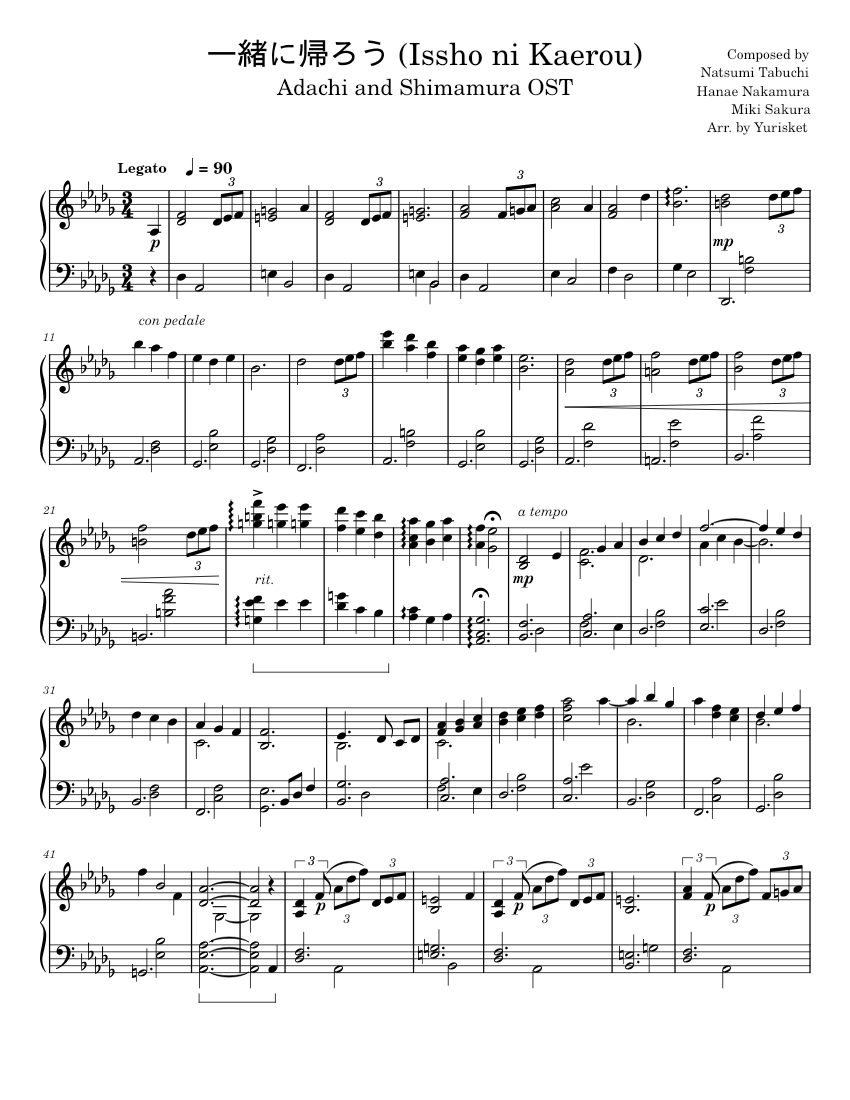 Issho ni Kaerou (一緒に帰ろう) - Adachi and Shimamura Sheet Music for Piano ...