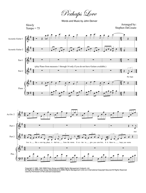 Perhaps Love (Arr. Stephen DeCesare) - John Denver and Placido Domingo (Choral, 2-Part)