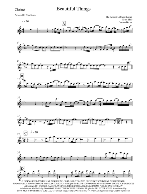 Beautiful Things (Arr. Alex Souza) - Benson Boone (Clarinet Solo)