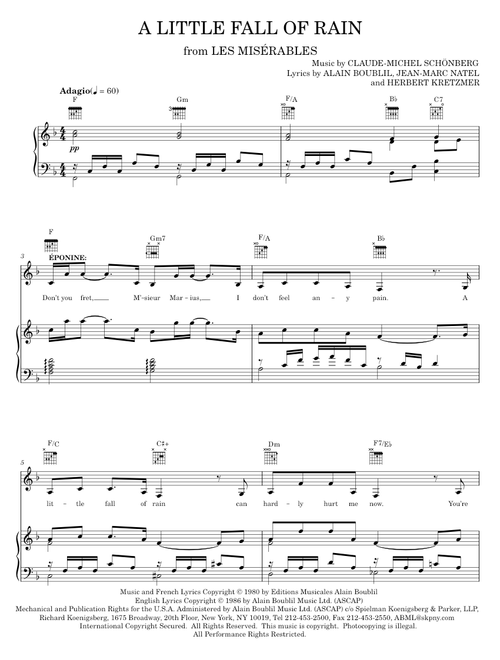 A Little Fall Of Rain - Alain Boublil, Les Miserables Musical (Piano-Vocal-Guitar)