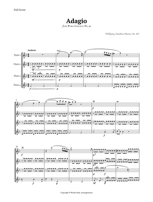 Andante from Piano Concerto No. 21 by Mozart for Flute Quartet (Arr. Ander) (Woodwind Ensemble)