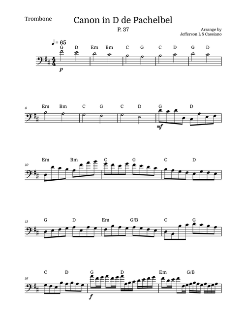 Canon in D – Trombone with Chords (Easy / Intermediate) – Johann Pachelbel (Arr. Jefferson LS Cassiano) (Trombone and Piano)
