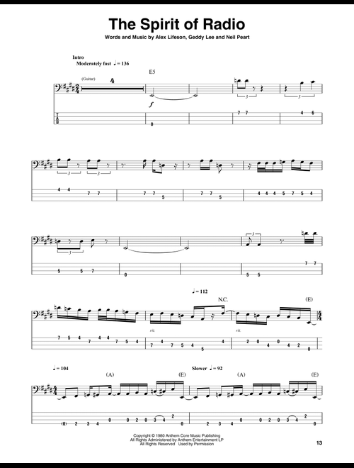 The Spirit Of Radio - Rush (Bass Tab)