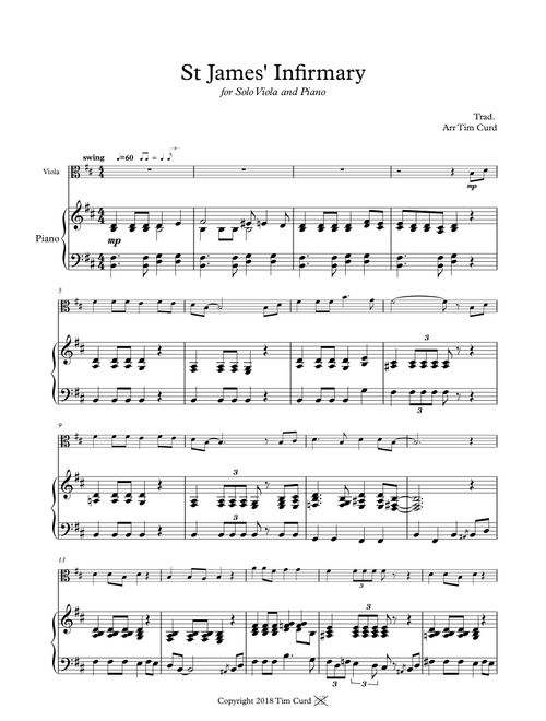 St James' Infirmary for Solo Viola and Piano (Arr. Tim Curd) - trad. (Viola and Piano)