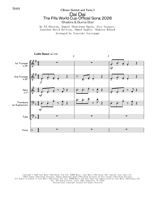 Dai Dai (Arr. Tsuyoshi Yoroiguma) - Shakira & Burna Boy (Small Ensemble)